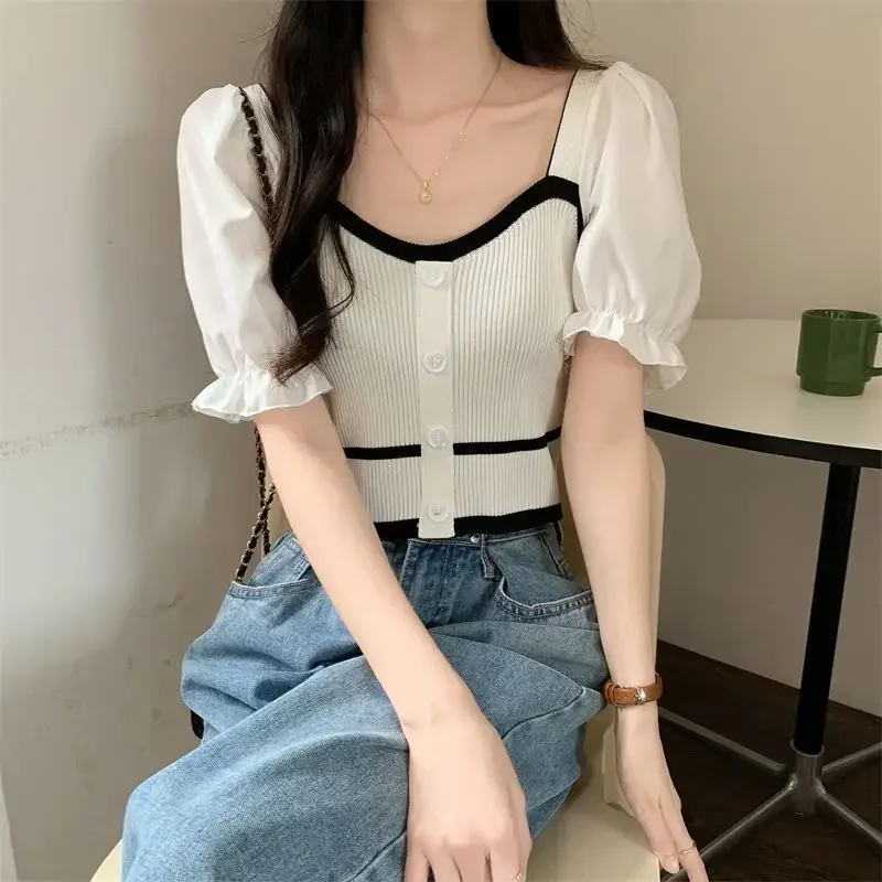 

Sweet Age Reduction Bubble Sleeve T -shirt Female Summer New Design Sensory Contrasting Color Ins Collar Short Knitted
