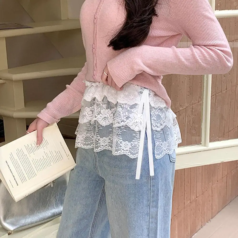 الدانتيل غير النظامية تنورة الستار الزهور البيضاء الدانتيل شبكة نصف الجسم تنورة المرأة الصيف قيعان الجينز ضرطة الستار الحلو Harajuku ديكور