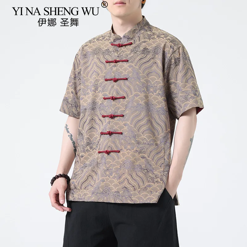 New Men's Silk Stand-up Collar Button-down Tang Suit Chinese Style Large-size Men's Casual Short-sleeved Shirt