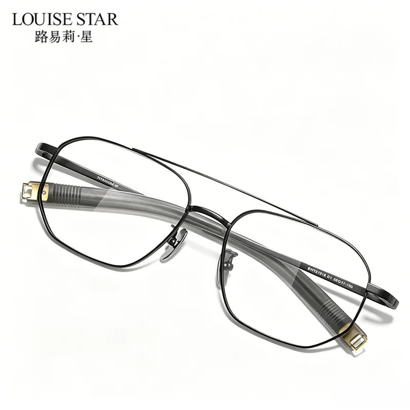 Double beam pure titanium eyeglass frame, casual retro myopia eyeglass frame, polygonal men's prescription eyeglass frame