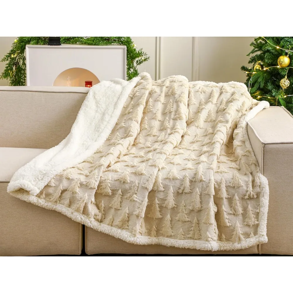 

3D Christmas Tree Sherpa Throw Blanket with Snowflake and Reindeer Design - Plush, Fluffy, and Soft for Cozy Couch Use