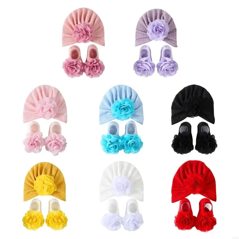 

23gd милые носки с Flwer Pattern Baby Turban Hat с вязаной шляпой для маленьких девочек