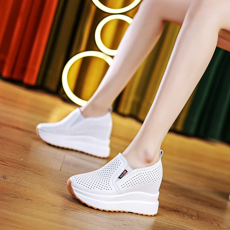 10CM Wedge Pumps Moccasins Women Platform High Brand Sandals Genuine Leather Hollow Summer Shoes Hidden Heels Female Shoes 2024