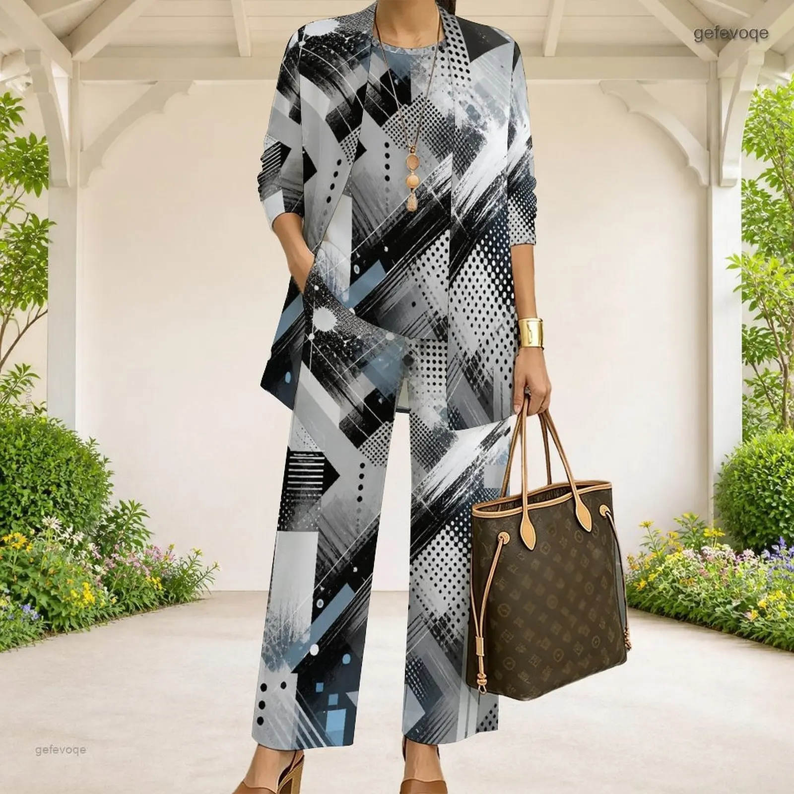 Women 3 Piece Abstract Geometric Printed Pants Set, 3/4 Sleeve Open Cardigan + Tank Top + Long Pants, Black Grey Blue White