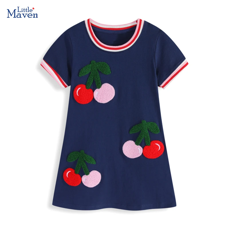 Little Maven Kleid für Mädchen, Sommerkollektion 2026, Kinderkleidung, besticktes Cartoon-Kirsch-Muster, Freizeitkleider, 2-7 Jahre