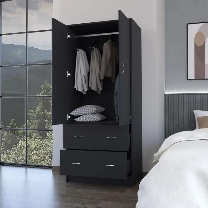 Wenden Wardrobe with 2 Drawers, 2 Doors, Ample Storage & Hanging Rod, Black Finish