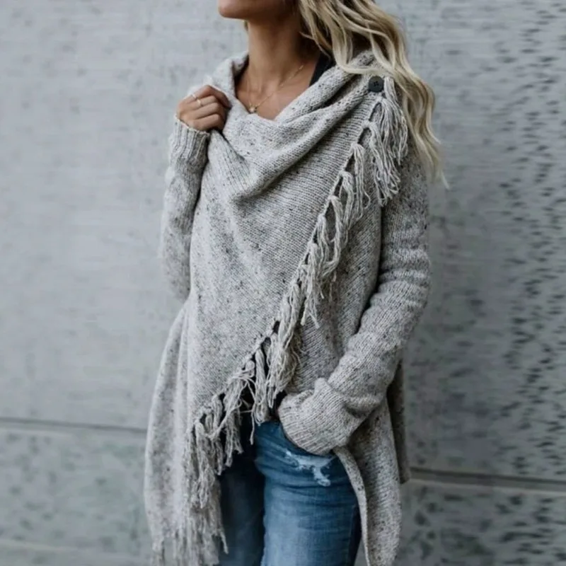 

Женский свитер, вязаный свитер с длинными рукавами, однотонный, в рубчик с бахромой, весна и осень