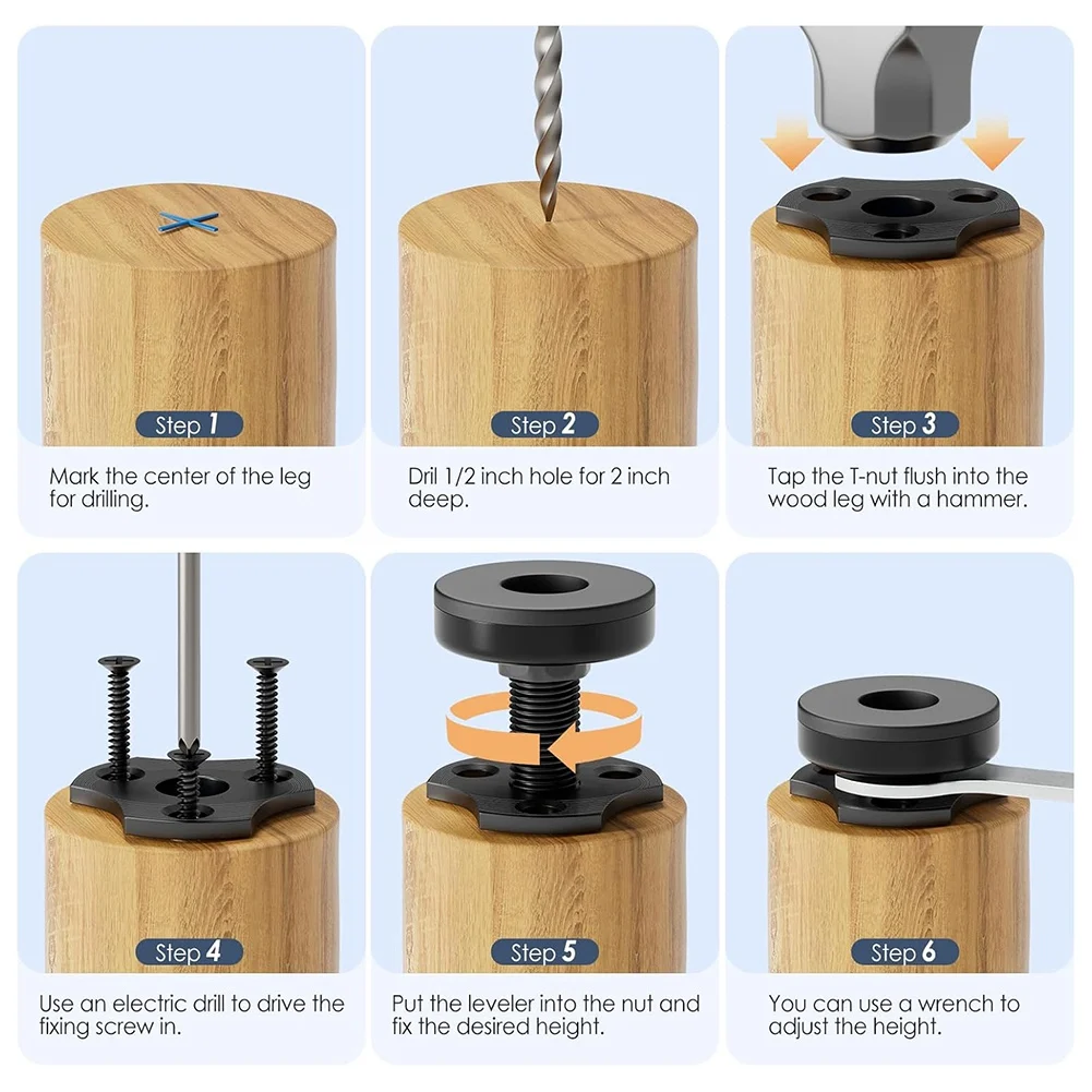 SEWS-Adjustable Leveling Feet, 3/8Inch-16 Thread T-Nut Kit Furniture Levelers Table Feet, Heavy Duty Leg Levelers