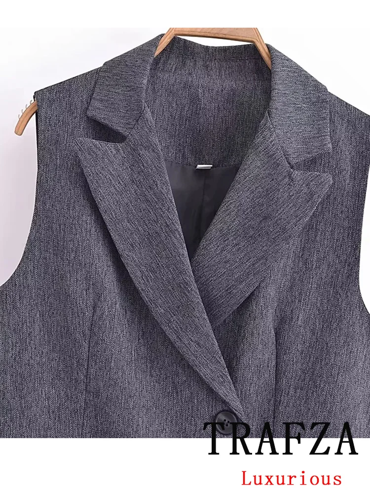 TRAFZA Vintage Office Lady Gray Solid Women Suit V Neck Single Breasted Vest Straight Loose Pants New Fashion 2024 Spring Sets