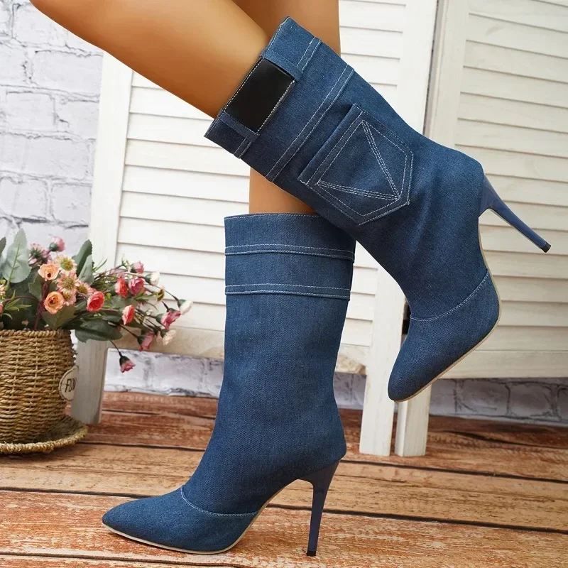 2023 Winter Women\'s Vintage Fashion Style Blue Denim Ankle Boots Thin High Heel Pointed Jeans Short Boots High Heel Shoes