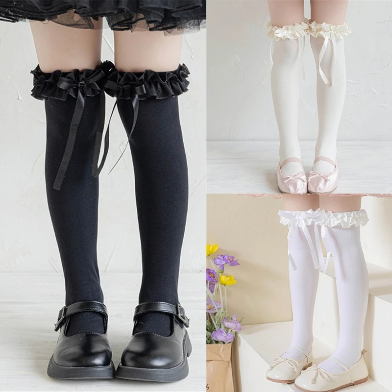 L5YF Fashion Lace Calf Socks Socks Breathable Loose Socks for Girls Bowknot High Boot Socks Long Knee High Stockings