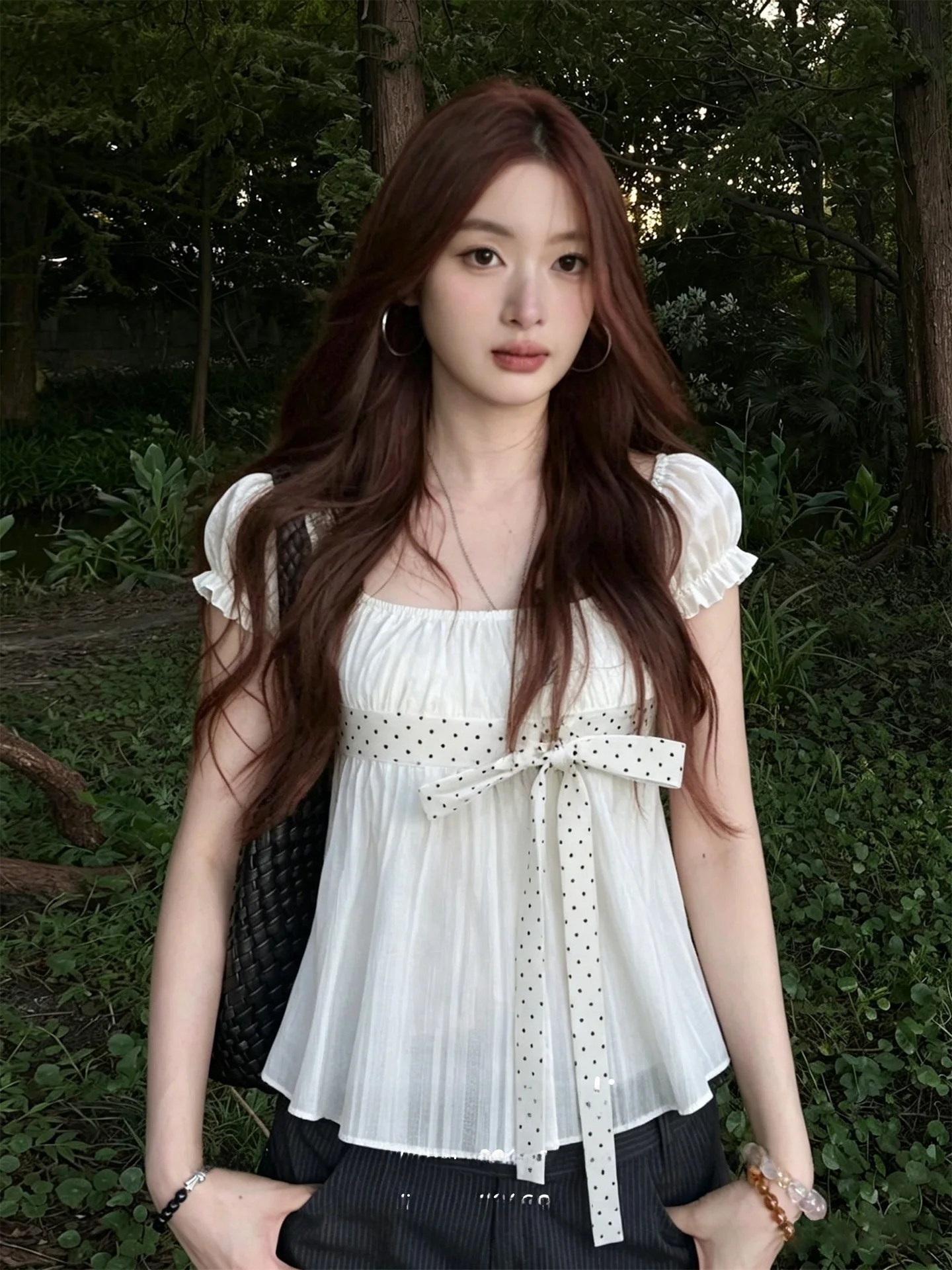 

Korean Style Polka Dot Bubble Sleeve Square Collar Short Sleeve T-Shirt Women's Summer Slim Fit Tie Waist Top Tee