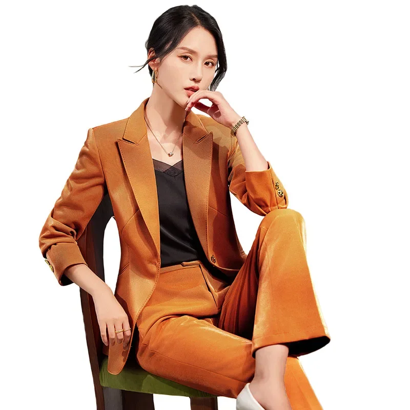 Pop Office Ladies Formal Pant Suit 2 Piece Set Women Green Khaki Red Female Long Sleeve Business Work Wear Blazer Jacket And Tro