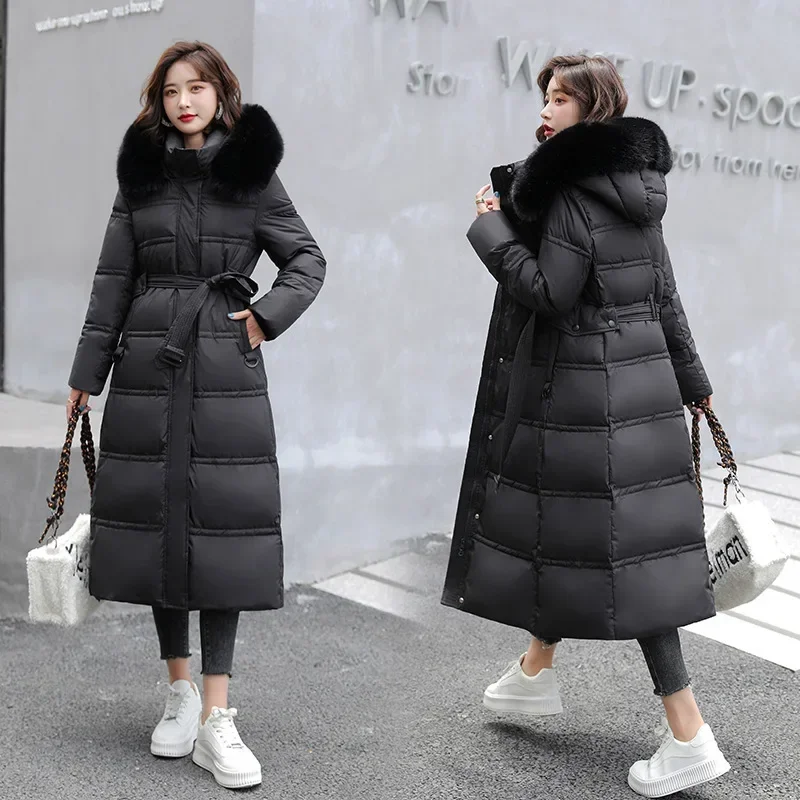 Winter 2023 New Down Cotton Parkas Jacket Women X-Long Over The Knee Big Hair Collar Korean Version Slimming Belt Parkas Jacket