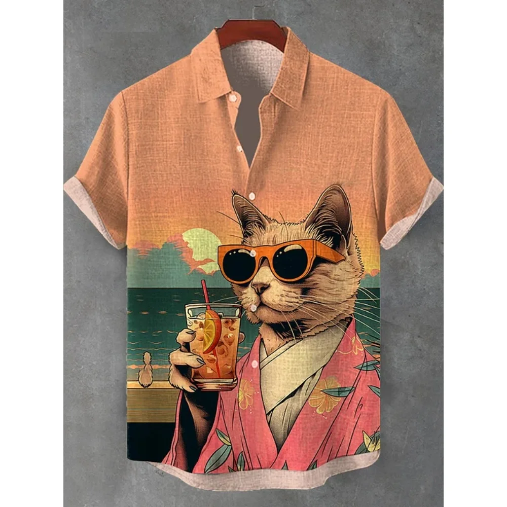 

Men Hawaiian Shirt Vintage Dinosaur Shark Cat 3D Print Shirt Casual Short Sleeve Button Lapel Vacation Casual Beach Men's Shirts