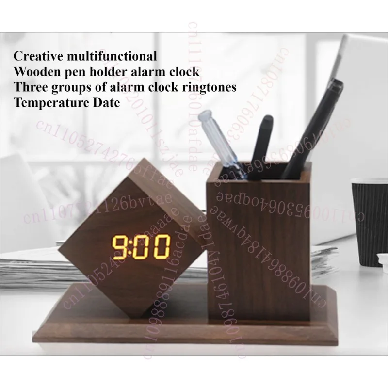 

Creative Wooden Clock LED Smart Home Office Desk Pen Holder Wooden Electronic Clock Desk Organizer