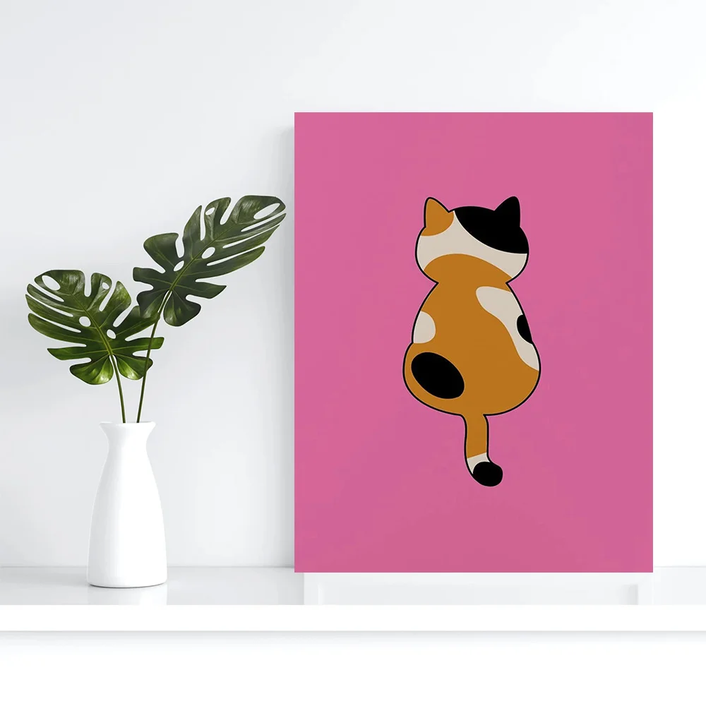Cartoon Cat Canvas Print – Pink Background Art, Minimalist Animal Design, Frameless 12×16 Inches, for Home Offi
