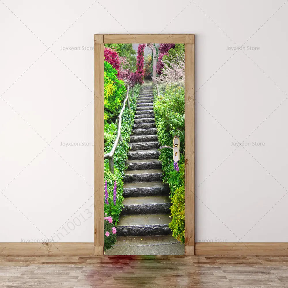 Green Forest Door Stickers Natural Atmosphere Poster Vinyl PVC Waterproof Self-adhesive Mural Natural Plant Door Stickers
