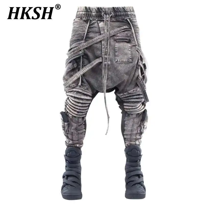 HKSH Spring New Men's Tide Punk Techwear Waste Land Retro Heavy Vintage Asymmetric Strap Multi Pockets Casual Cargo Pants HK4344