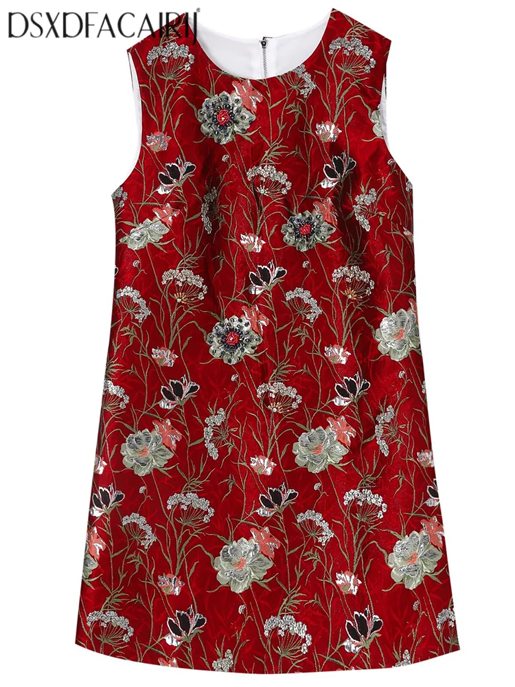 

DSFACAIRIJ Vintage Beaded Jacquard Tank Dress O-Neck Sleeveless Mini Summer Fashion Female Dress