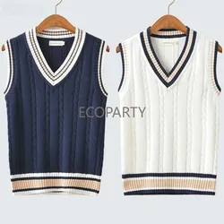 Sweater Vest Men Thicken V-neck Sleeveless Knitted Sweaters Vests Striped Retro Preppy-style Simple Chic Loose Casual All-match