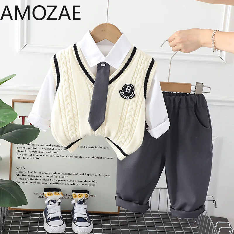 Fashionable Autumn Winter Children's Clothing Set Striped Tie Vest Long Sleeve Three-piece Suit for Boys And Girls