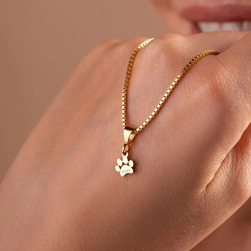Custom Name Necklace Personalized Paw Necklace Box Chain Stainless Steel Lovely Cat Dog Paw Pet Necklace Jewelry Gifts for Women