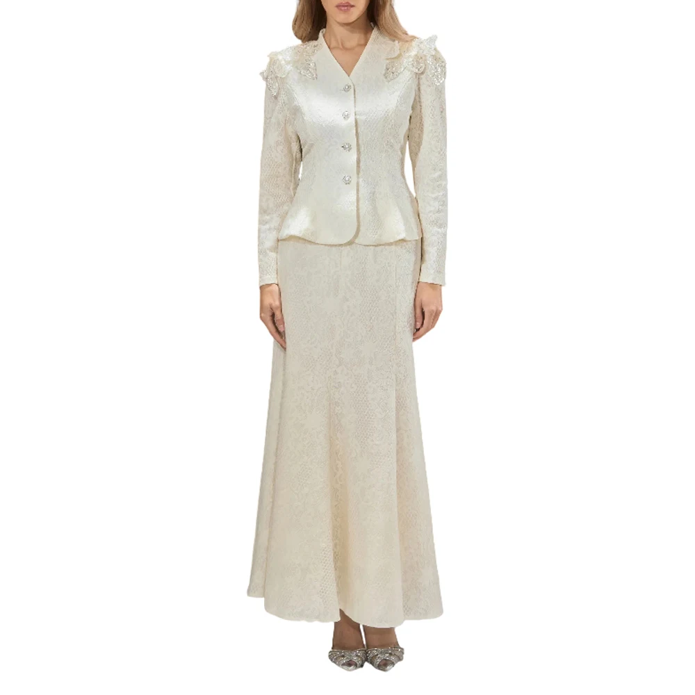 Women's Formal Dresses Suit Gowns Elegant Appliques Peaked Lapel Jacket Coat And Skirt For Female Satin 2 Pieces Suit Customized