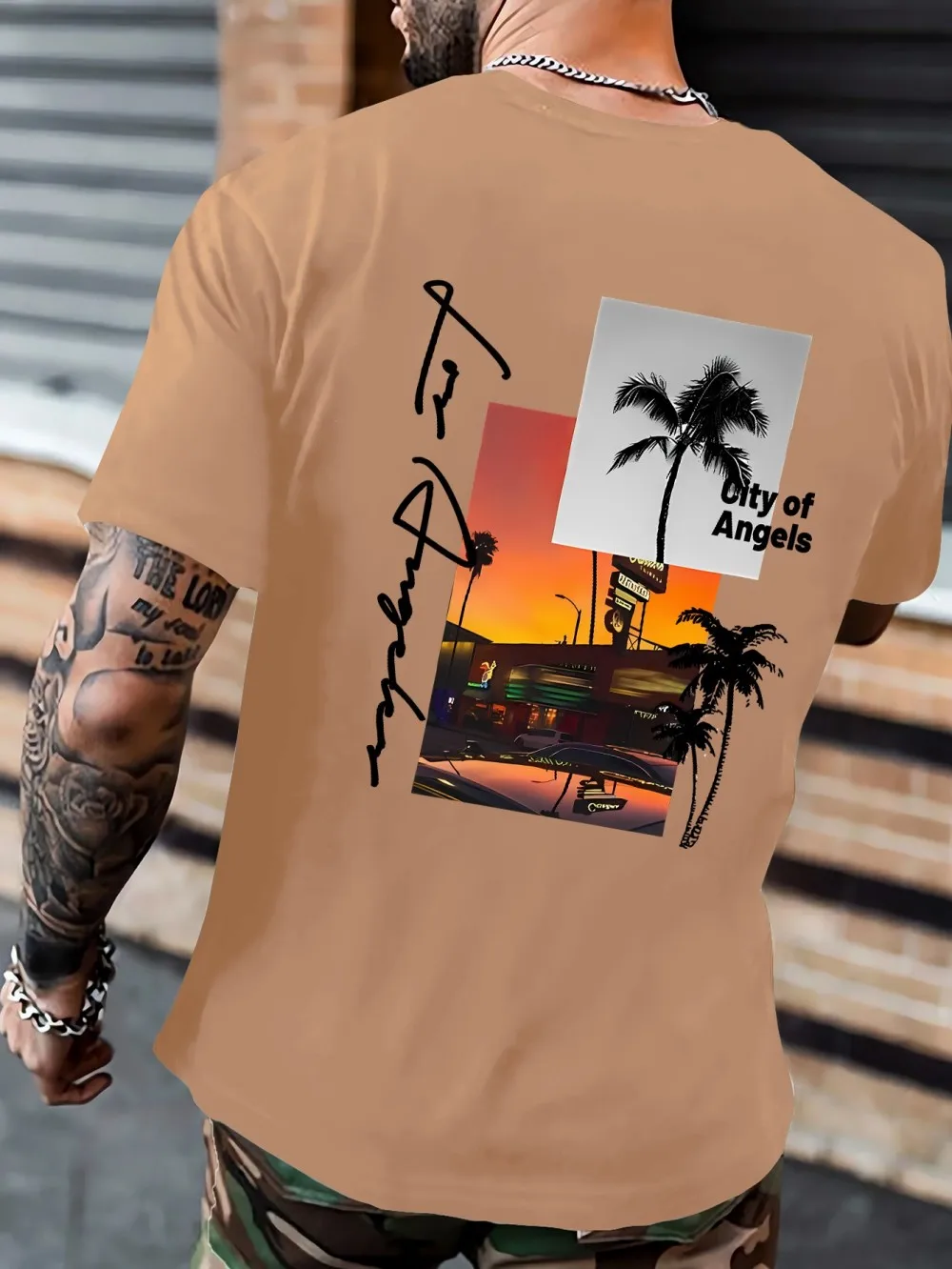 Hot selling American men's summer Los Angeles sunset city scenery print soft and breathable round neck T-shirt outdoor casual to