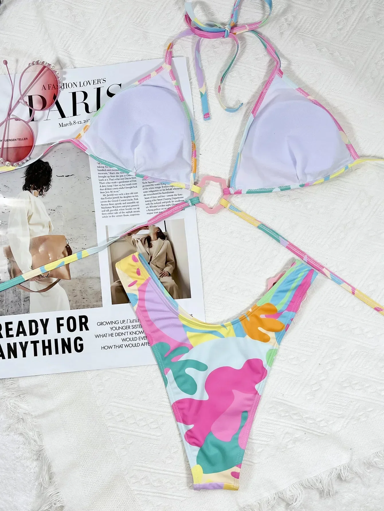 Seksowne bikini trójkątne push up damskie, wiązane pierścieniami stroje kąpielowe, bandażowy kostium kąpielowy, biquini, damskie stringi, strój kąpielowy, odzież plażowa.