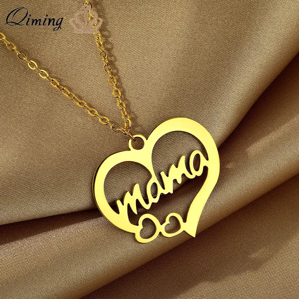 QIMING Eelgant Flower Mama Pendants Necklace For Women Stainless Steel Jewelry Love Heart Necklace Mother Gifts