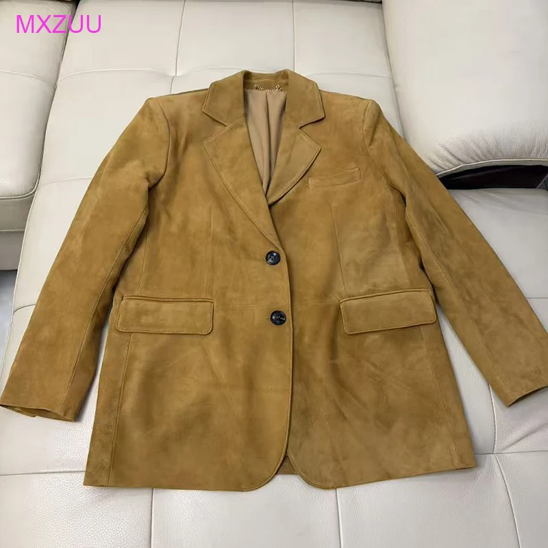 

Real Suede Jacket Spring Women Old Money Style Retro Casual Long Sleeve Back Split Slim Sheepskin Suit Jacket Blazer Veste Femme