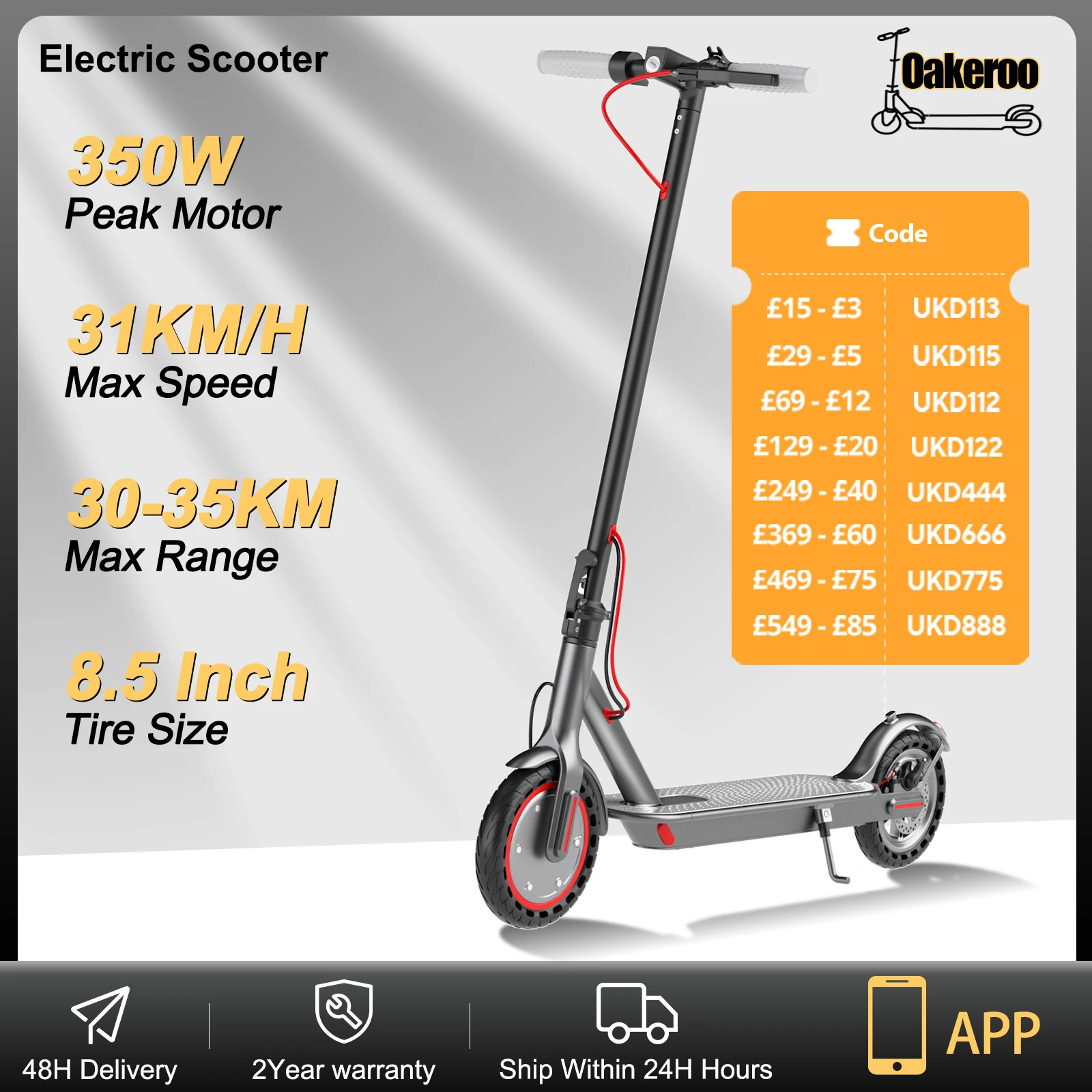 سكوتر كهربائي للكبار من Oakeroo، نطاق 30-35 كم، سرعة علوية 31 كم/ساعة، إطارات 8.5 بوصة مع تطبيق ذكي