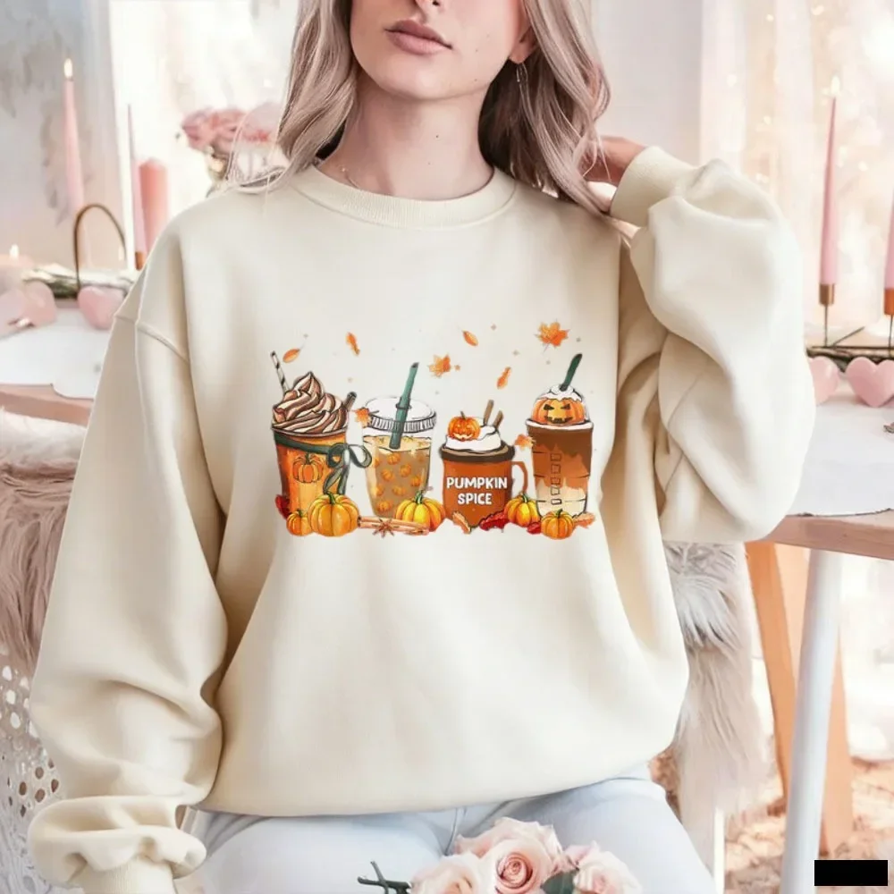 Funny Halloween Pumpkin Spice Latte Sweatshirt Fall Coffee Cups Patch Leaves Graphic Pullover Cozy Women Autumn Winter Tops view 2