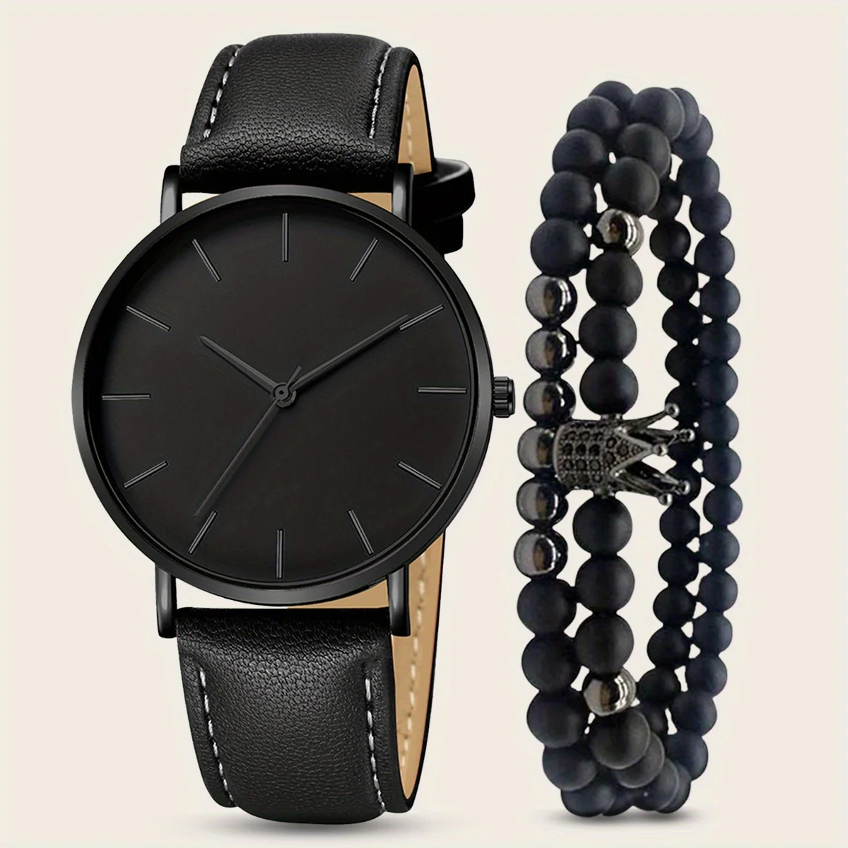 2pcs/set, Simple Business Men's Round Quartz Watch & Crown Beads Bracelet Set