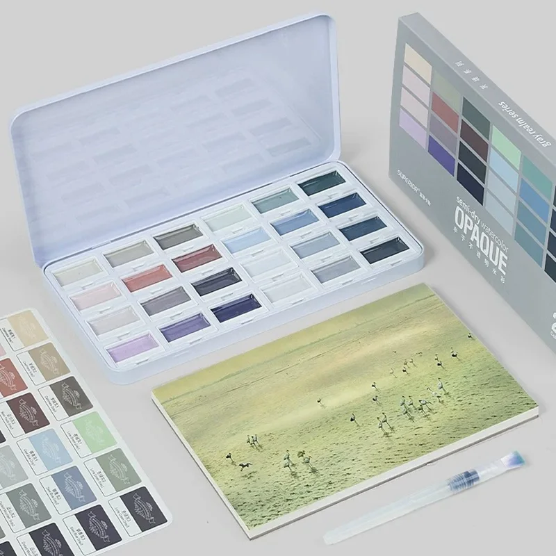 Superior Half-solid Non-transparent Watercolor Paint Set With Paintbrush 24 Colors Water Color Pigment For Painting Art Supplies