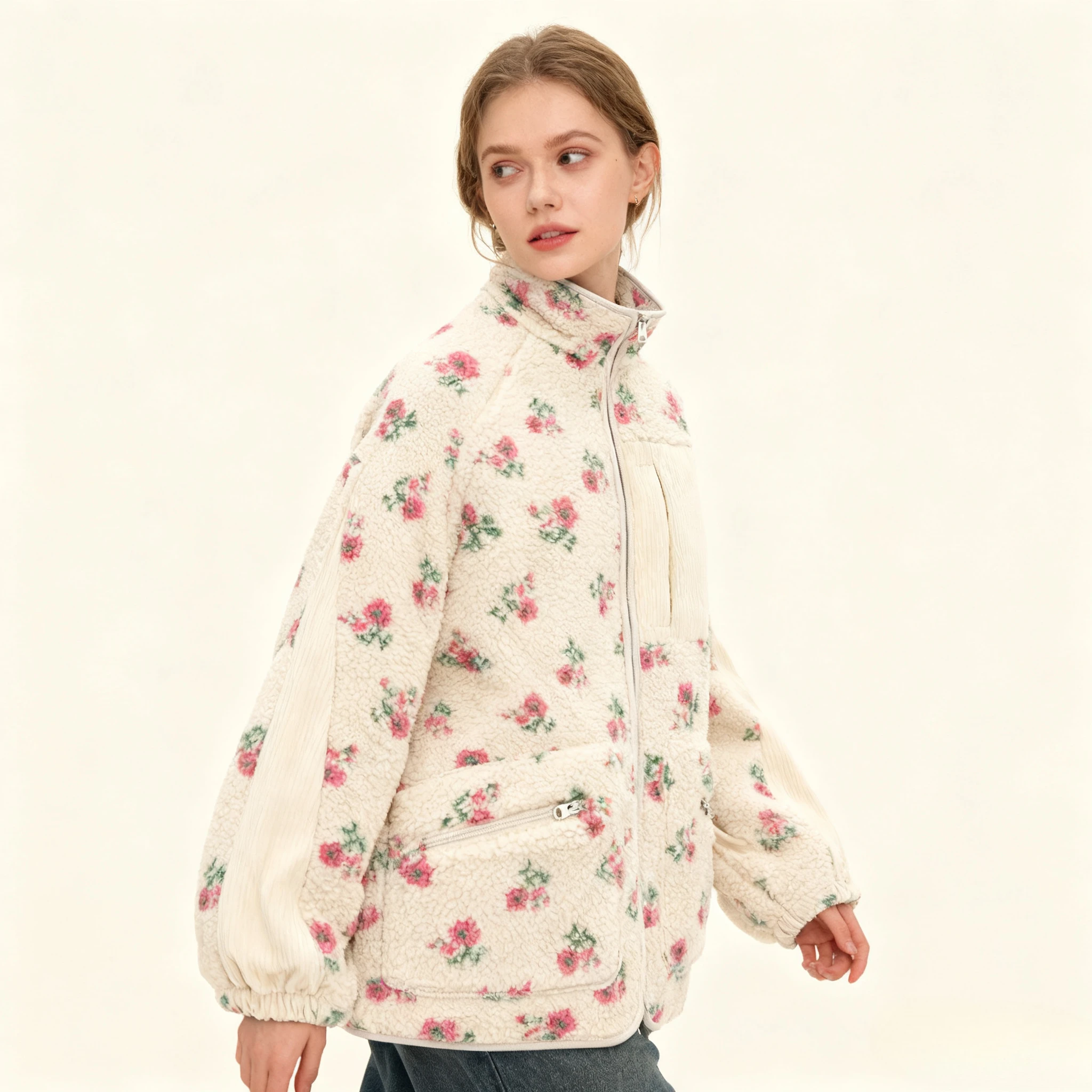 Yaminiya Mode Wolle Fleece Blume Warm Zipper Pullover Jacke Stehkragen Lose Jacke Verdickt Herbst/winter Frauen Kleidung