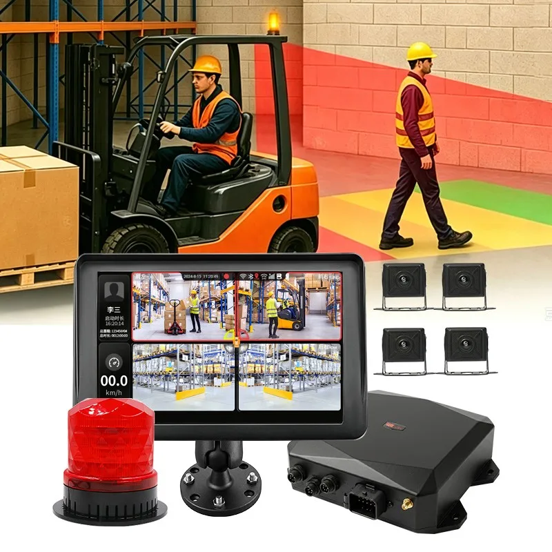 AI Collision Avoidance System Forklift Truck Pedestrian Detection Warning Alarm Monitor 5 Cameras Industrial Vehicle