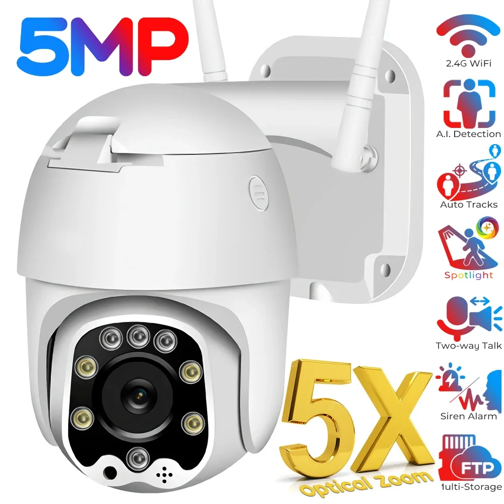 

5MP WiFi PTZ 5X Optical Zoom IP Camera Outdoor Color Night Vision Human Detect Auto Tracking Security Cameras 2-Way Talk Camera