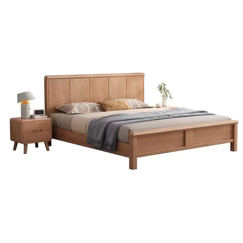 

Nordic solid wood bed, modern and simple, master bedroom ash wood grain double bed, small apartment storage