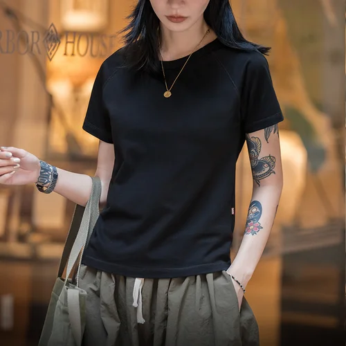 Imagen 2 del producto Maden Camiseta de manga corta con cuello redondo 100% algodón para mujer Camiseta básica suave y transpirable para uso diario en capas para todas las estaciones