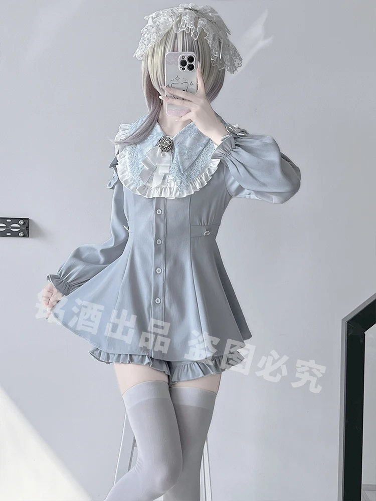 Japanese Mine Series SC Y2k Subculture Autumn Women's Lace Edge Long-sleeve Water Color Dress And Short Pants Set Lolita Clothes