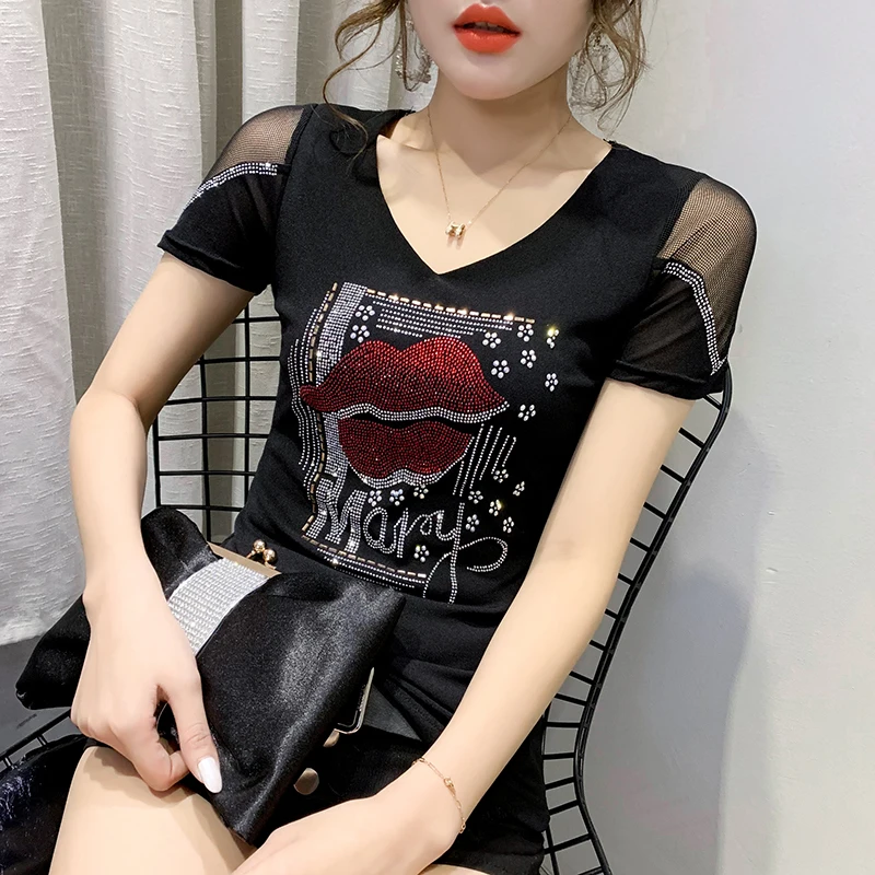 

#5120 Black Blue Backless Sexy Spliced Gauze Top Skinny T Shirt Women V Neck Tee Shirt Femme With Diamonds Korean Style Summer