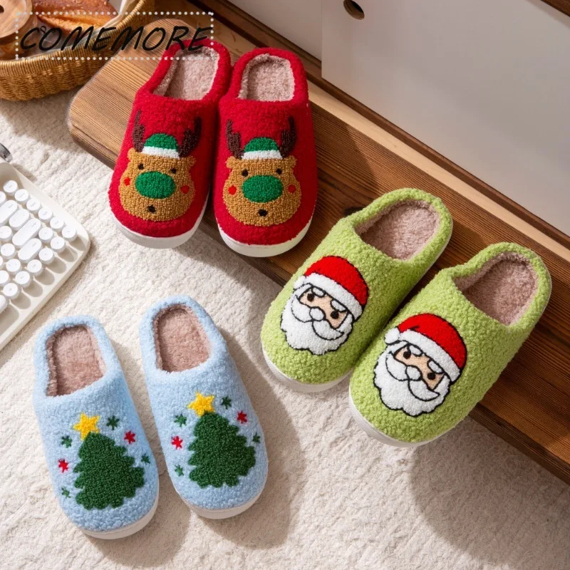 Bedroom Slipper Christmas Deer Slippers Women’s Men Plush Warm Slipper Warm Non Slip Flats Plush Shoes Girls Comfortable Winter