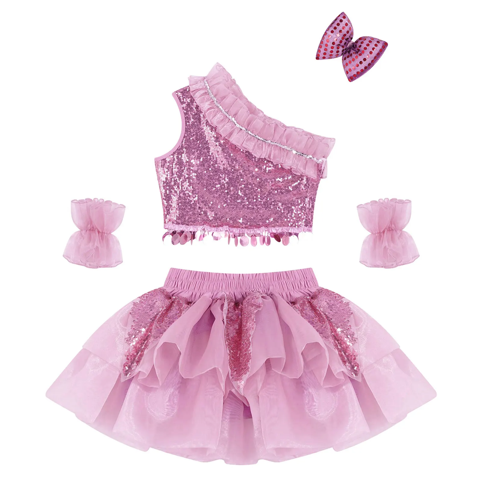 Kids Girls cekiny Jazz kostium taneczny balet balowy Latin walc Dance Dress Set ukośny Top na ramię ze spódnicą i spinką do włosów