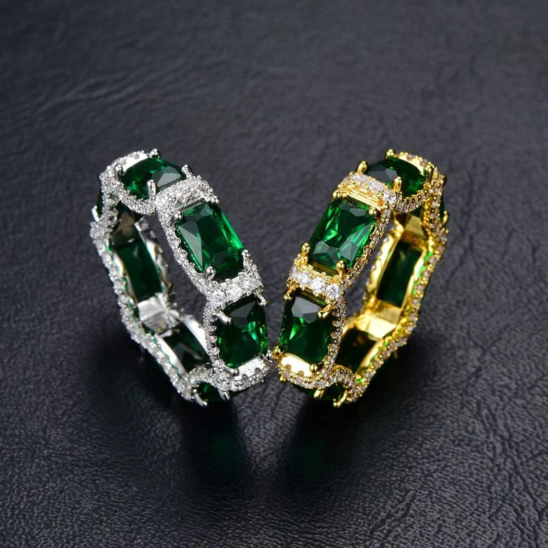 Hip Hop 3A+ CZ Zircon Paved Bing Iced Out Green Stone Round Finger Rings for Men Women Rapper Jewelry Gift Drop Shipping