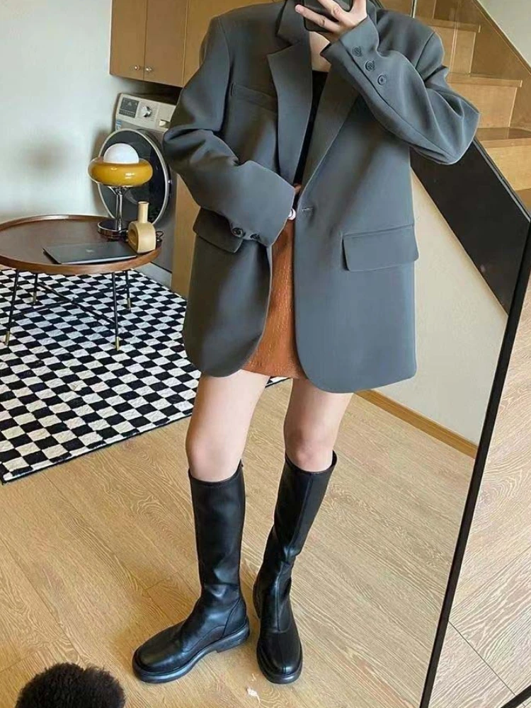 春秋新作 無地 レディーススーツ 通勤 シングルボタンスタイル カジュアル ルーズ レトロファッション 長袖コートトップ