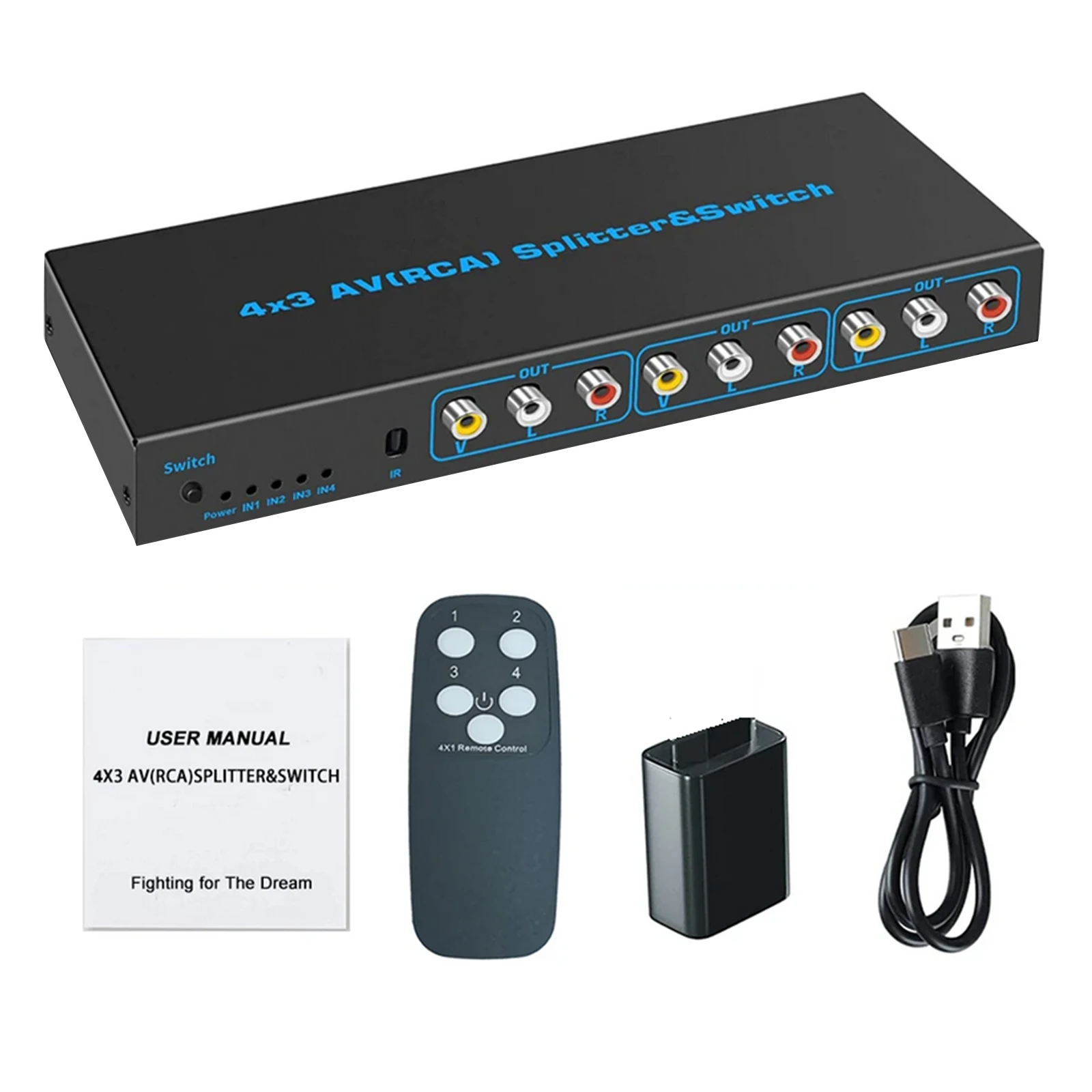 4 Way RCA Switch 4 In 3 Out AV Switch RCA Switcher Box Video L/R Stereo Audio AV Selector Box 4X3 Composite Switcher For DVD