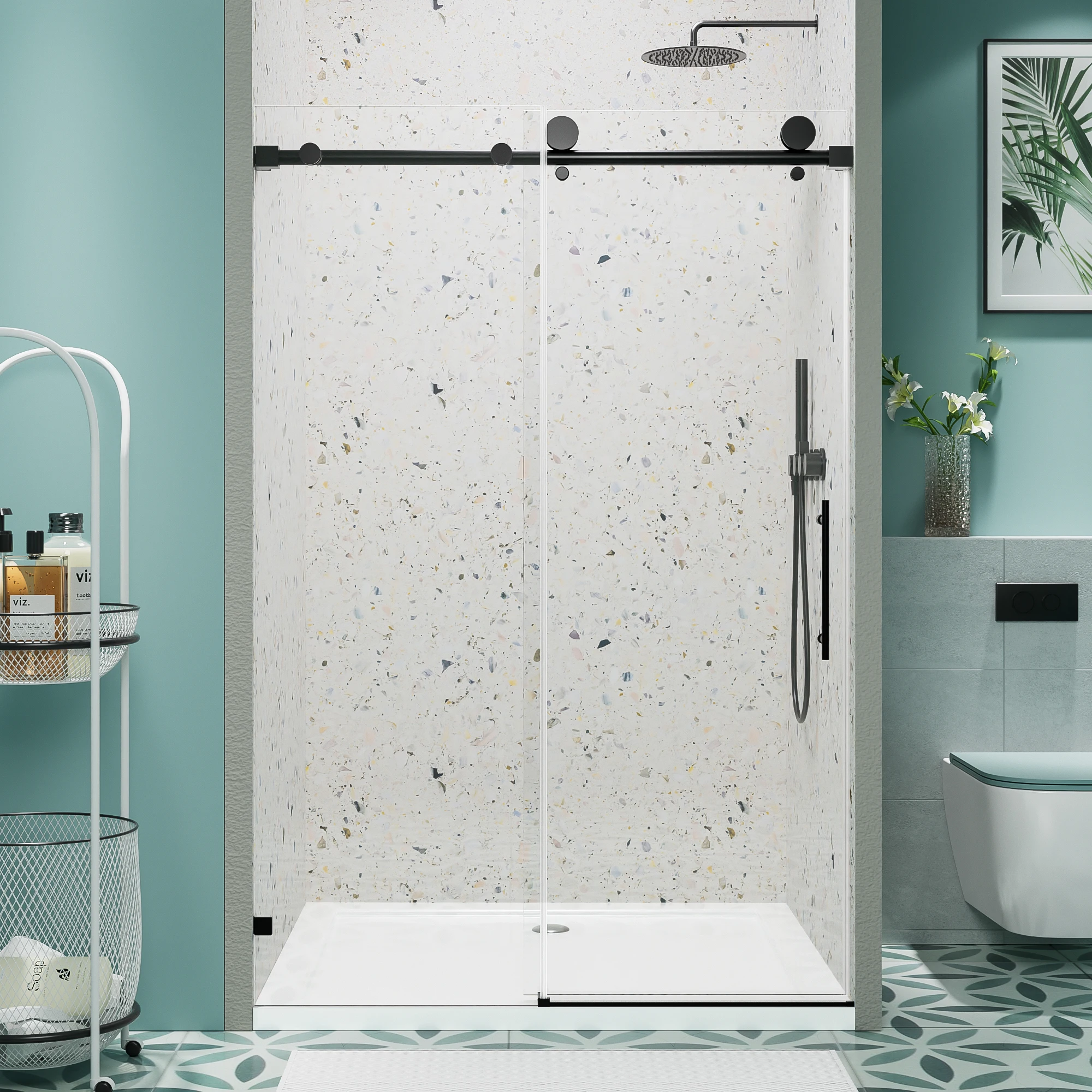 SH.KL 56-60" L x 76" H Puerta de ducha negra mate de cierre suave corrediza simple sin marco con vidrio templado nanorecubierto transparente de 5/16"