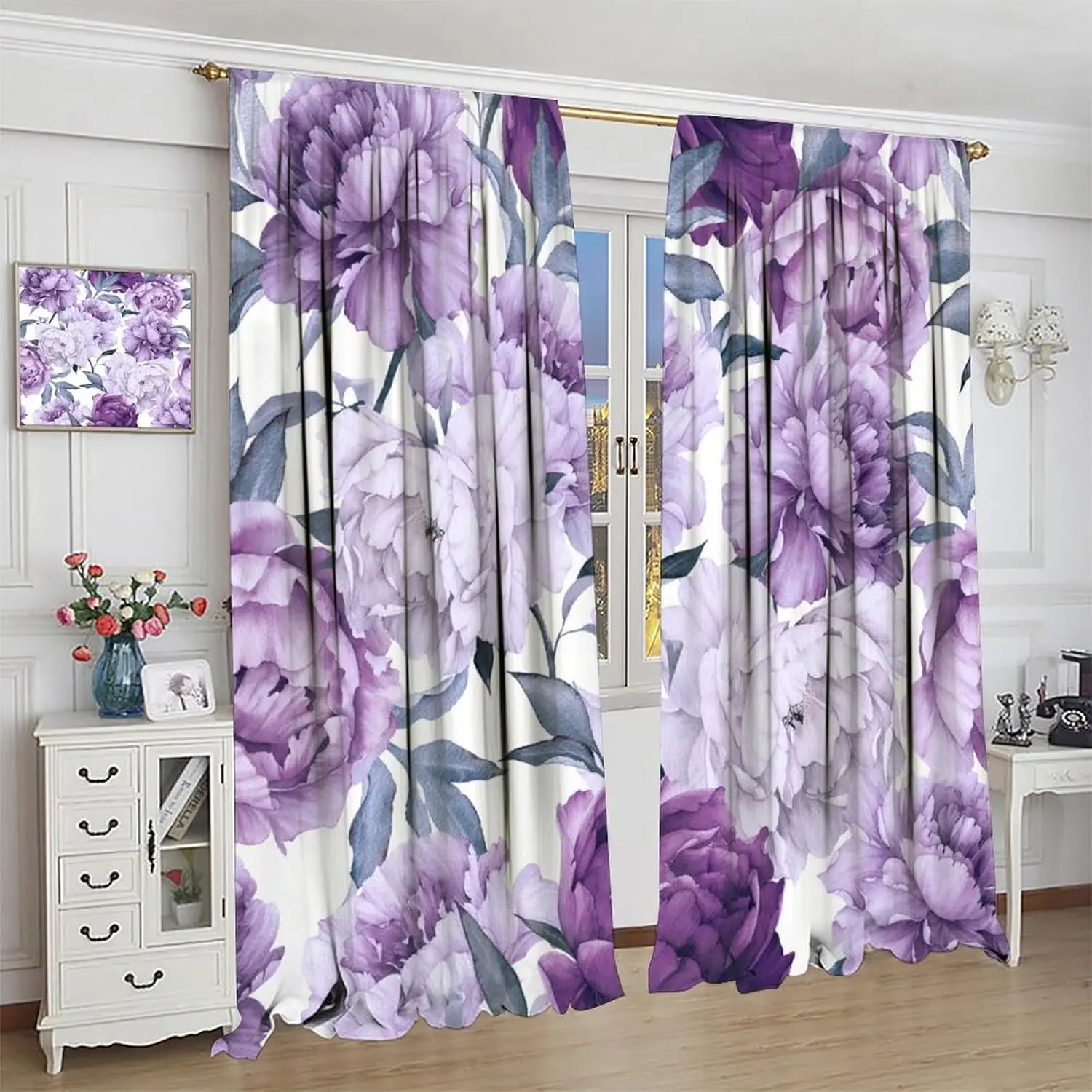 Purple Peonies Floral Window Curtains,Flower Bloom Beautiful Elegant Lilac Wildflowers Plants Window Treatments Drapes Living